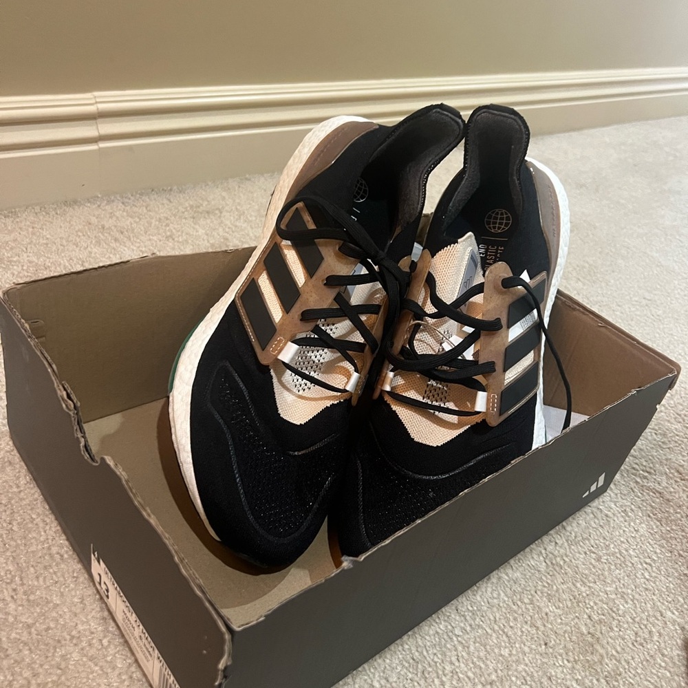 Ultraboost Adidas Black and White Running Shoes with Tan Details